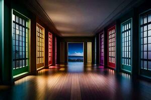 a hallway with many colorful windows and a view of the ocean. AI-Generated photo