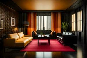 a living room with black walls and orange curtains. AI-Generated photo