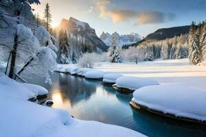 a river in the snow with trees and rocks. AI-Generated photo