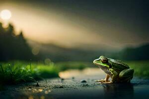 a frog sitting on the ground in front of a sunset. AI-Generated photo