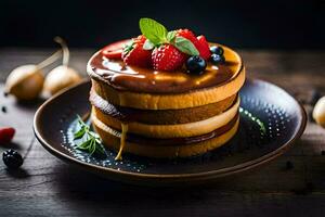 a stack of pancakes with berries and syrup. AI-Generated photo