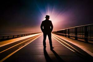 un hombre en un sombrero en pie en un puente a noche. generado por ai foto