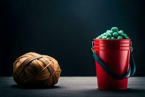 a red bucket with blue balls and a ball of yarn. AI-Generated photo