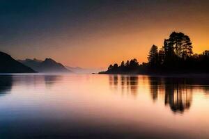 a beautiful sunset over a lake with trees and mountains. AI-Generated photo