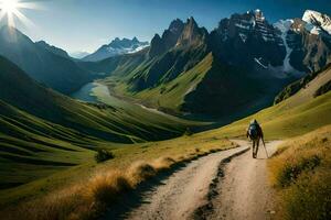 a man walking on a dirt road in the mountains. AI-Generated photo