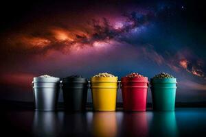 vistoso tazas con diferente colores de comida en frente de un noche cielo. generado por ai foto