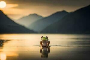 un rana es sentado en el borde de un lago a puesta de sol. generado por ai foto