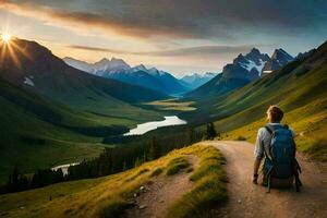 a man with a backpack is walking on a path in the mountains. AI-Generated photo