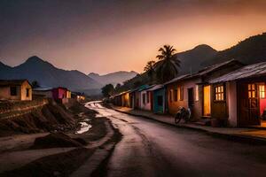 a village street at sunset with houses and mountains in the background. AI-Generated photo