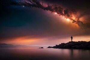 a man stands on rocks looking at the sky. AI-Generated photo