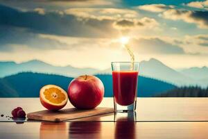 un vaso de jugo con un manzana y un rebanada de naranja en un mesa. generado por ai foto