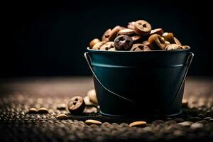 a bucket filled with nuts and seeds on a table. AI-Generated photo