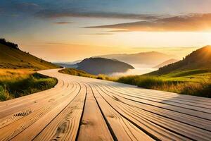 a wooden path leads to the mountains at sunset. AI-Generated photo