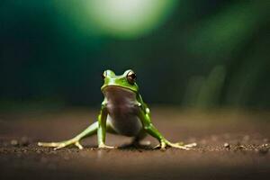 a frog is standing on the ground in front of a green background. AI-Generated photo