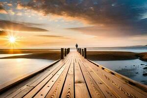 un hombre en pie en un de madera muelle a puesta de sol. generado por ai foto