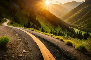 a winding road in the mountains with the sun setting. AI-Generated photo