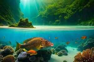 un tropical pescado nadando en el Oceano con coral arrecifes generado por ai foto