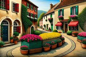 a painting of a street with flowers and potted plants. AI-Generated photo