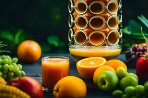 a glass of juice and fruits on a table. AI-Generated photo