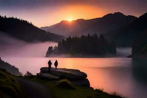 photo wallpaper the sky, mountains, lake, sunset, couple, the mountains, the lake,. AI-Generated