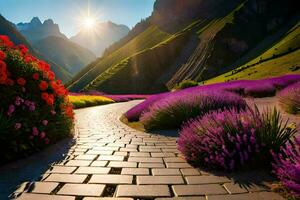 photo wallpaper the sky, flowers, mountains, path, flowers, flowers, flowers, flowers,. AI-Generated