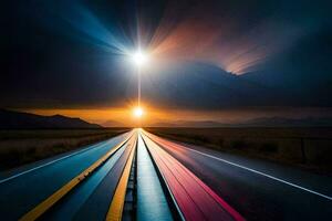 a long exposure photograph of a road with a sun shining. AI-Generated photo