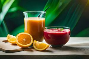 fresh juice and orange juice on a wooden table. AI-Generated photo