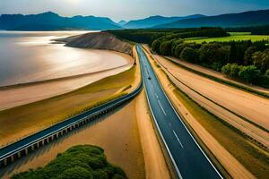 aerial view of a highway with a lake in the background. AI-Generated photo