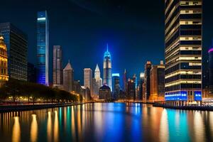 the chicago river at night. AI-Generated photo