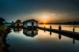 two people stand on the dock at sunset. AI-Generated photo