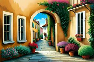 an artistic painting of a street with potted plants. AI-Generated photo