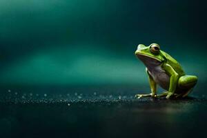 un rana sentado en el suelo en el lluvia. generado por ai foto