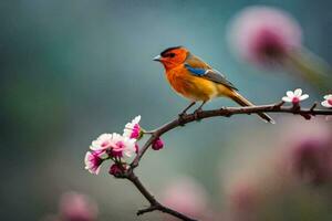 a bird sitting on a branch with pink flowers. AI-Generated photo