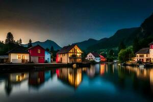 houses on the water at dusk in the mountains. AI-Generated photo