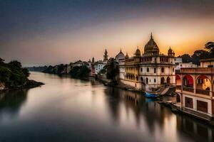 un río en India con edificios y un puente. generado por ai foto