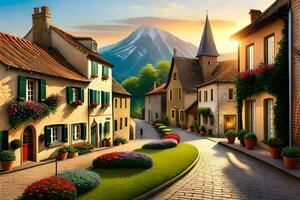 a painting of a street in a village with flowers and mountains in the background. AI-Generated photo