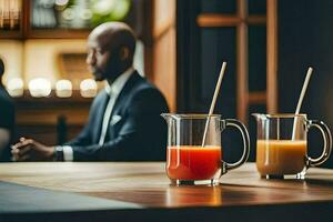 two glasses of juice on a table in a restaurant. AI-Generated photo