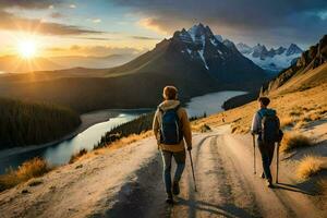two people with backpacks walking on a trail in the mountains. AI-Generated photo