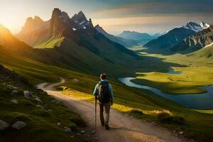 un hombre camina en un camino en el montañas. generado por ai foto