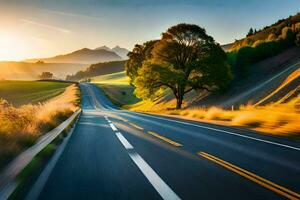 un la carretera en el campo con un árbol en el primer plano. generado por ai foto