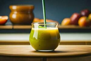 a glass of green juice on a table. AI-Generated photo