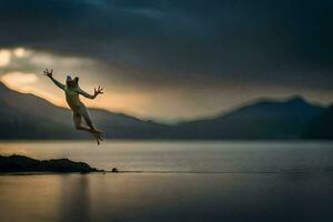 a man jumps into the air in front of a lake. AI-Generated photo