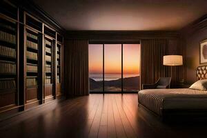 a bedroom with a view of the sunset. AI-Generated photo