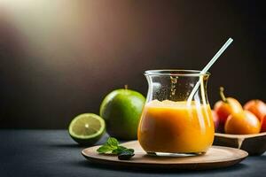 un vaso de naranja jugo con un Paja y algunos fruta. generado por ai foto