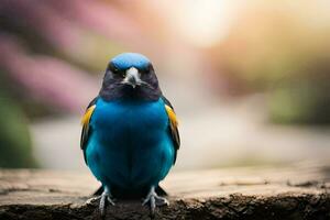 un azul y amarillo pájaro es sentado en un registro. generado por ai foto