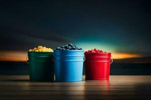 three buckets of berries sit on a table. AI-Generated photo