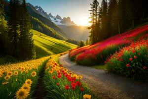 a road leads through a field of flowers and mountains. AI-Generated photo