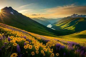 el Dom sube terminado el montañas y flores en el valle. generado por ai foto