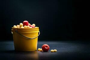 a bucket filled with apples and grapes. AI-Generated photo