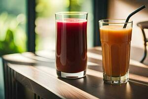 two glasses of juice sit on a table. AI-Generated photo